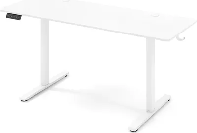A white standing desk with a control panel on the left side and a hook on the right side.
