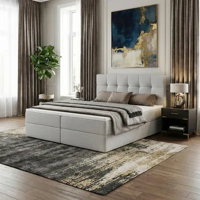 Produktbild von Boxspringbett AUREN 140x200 mit Bettkasten inkl. Bonellmatratze H3 und Topper – Polsterbett Stoff ASTI Hellgrau