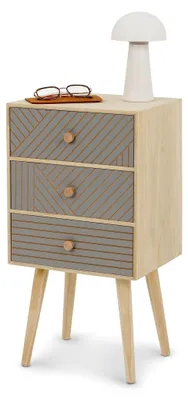 Produktbild von Nachttisch Pelo mit 3 Schubladen in Natur/Grau - Nachtkasten im Boho Stil aus Paulownia-Holz