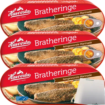 Produktbild von Hawesta Bratheringe in feingewürzter Marinade 3er Pack (3x500g Dose) + usy Block
