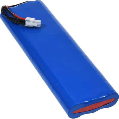 A blue battery pack with wires and a connector.