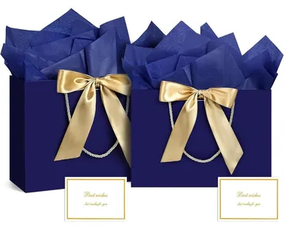Immagine prodotto di Sacchetti regalo, 2 pezzi, sacchetti di carta con nastri e bigliettini di auguri, colore blu, dimensioni 28x20x10 cm