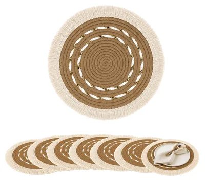 Produktbild von Platzsets Boho Bast geflochten 30cm, Tischunterlagen Seegras & Baumwolle mit Fransen, Tischsets Dekounterlagen 8 Stück