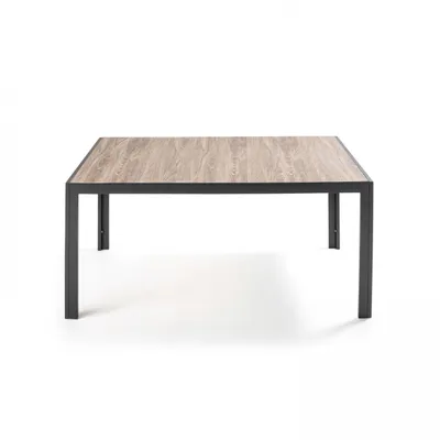 A rectangular table with a wood-grain patterned top and a dark metal frame, shown against a white background.