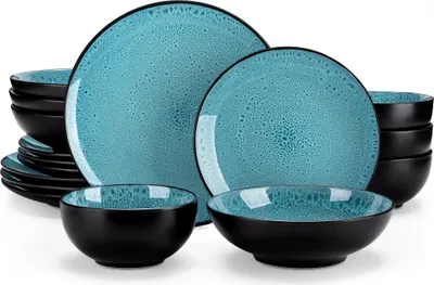 A set of turquoise and black dinnerware is displayed against a white background.