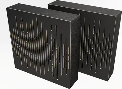 Two black acoustic panels with a slotted pattern are shown against a white background.
