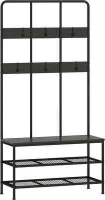 Produktbild von 3-in-1 Garderobenständer, Kleiderhaken, Sitzbank, Schuhregal, Metall, Spanplatte, Schwarz