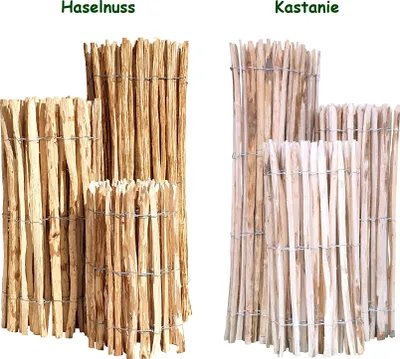 Two types of wooden fences, labeled 'Haselnuss' and 'Kastanie', are displayed against a white background.