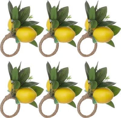Produktbild von 1/6 Stück Zitronen-Serviettenringe, realistisch, einfach zu verwenden, handgefertigt im Bauernhausstil, grüner Serviettenringhalter, Hochzeits-Party-Dekoration