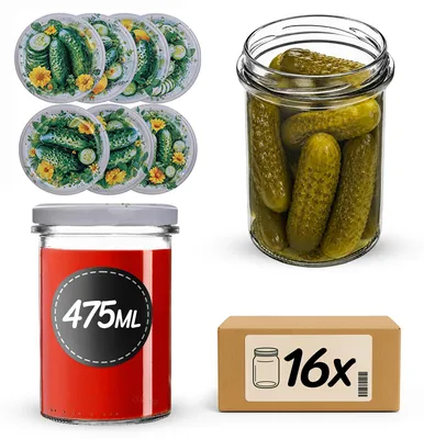Obrázek produktu pro KADAX Sklenice na zavařování, objem 475 ml, průměr 82 mm, se šroubovacím víkem, vhodné na zavařování marmelád, kompotů a uchovávání medu (sada 16 kusů)
