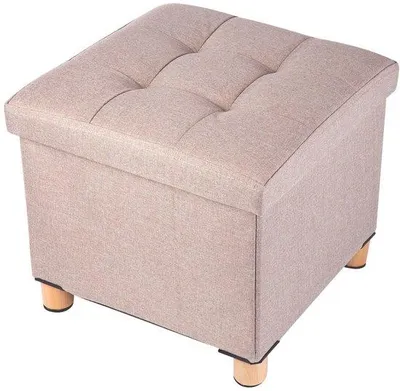 Image de Unyqoos® : Pouf de rangement – Beige, en lin, avec pieds en bois, dimensions : 38 x 38 x 40 cm, tabouret avec espace de rangement, 1 pièce