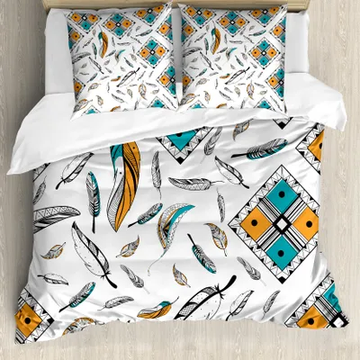 Produktbild von ABAKUHAUS Boho Bettbezug, Tribal Bohemian Feder, Milbensicher Allergiker geeignet mit Kissenbezügen, 200 cm x 200 cm - 80 x 80 cm, Teal Orange Schwarz