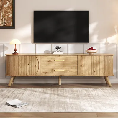 Image de Meuble TV bas Merax en forme de pois avec effet rainuré, meuble TV à 2 portes coulissantes et 2 tiroirs, meuble TV en MDF aspect bois, style scandinave, naturel