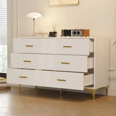 Produktbild von Mearx Sideboard mit 6 Schubladen, Kommode mit Wellenfront und Metallfüßen, Buffet, kommode mit schubladen, H76/B120/T40 cm, Weiß
