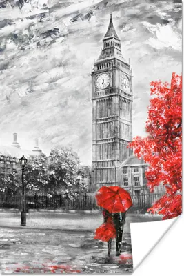 Produktbild von MuchoWow® Poster Gemälde - Big Ben - Rot - Regenschirm 40x60 cm - Plakate für die Wand - Poster Babyzimmer