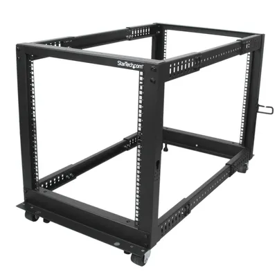 Produktbild von StarTech.com 12HE 4 Pfosten Open Frame Server Rack tiefenverstellbar mit Rollen / Nivellierfüße und Kabelverwaltung - Dell PowerEdge HP ProLiant ThinkServer (4POSTRACK12U)
