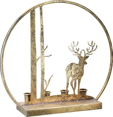 Immagine prodotto di Gilde Kerzenleuchter, rund, "Hirsch im Wald", Hirschmotiv, Waldmotiv, Metall, goldfarben, , L. 10 cm, B. 38 cm, H. 34,5 cm  69852