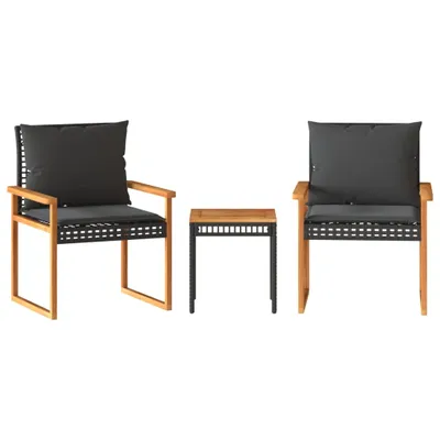 Produktbild von 3-tlg. Bistro-Set mit Kissen Schwarz Poly Rattan Akazienholz