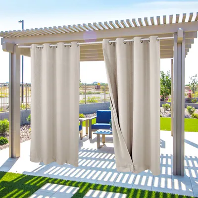 Image de Topchances Lot de 2 Rideaux d'Extérieur Imperméables au Vent avec Oeillets (Haut et Bas), Occultation Protection Visuelle Pour Véranda, Pavillon,Terrasse, Motif Gaufré,132X213cm,Beige