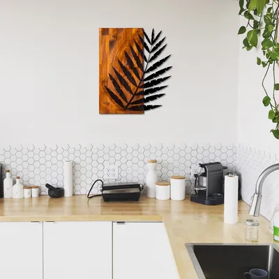 Image de Wallity, Leaf- SKL1239, couleur noyer,noir, autres décorations pour la maison, 50 x 58 cm, 50% bois (épaisseur : 3 cm) / 50% métal