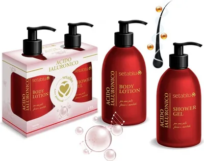 Produktbild von GKA 2 Stück Set 600 ml Hyaluron Duschgel und Körperlotion Bodylotion pralle straffe Haut polstert Falten optisch auf je 300 ml