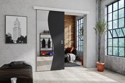 Obrázek produktu pro Posuvné dveře se zrcadlem 70 cm Kaja - Designové posuvné dveře, obývací pokoj, pokojové dveře, systém posuvných dveří (grafit)