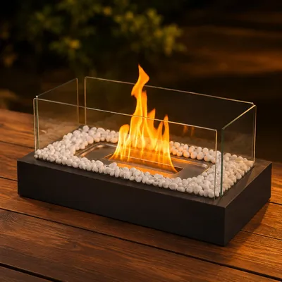 Produktbild von ZMH Rechteckiger Bioethanol Glaskamin Schwarz 35x18x15cm Edelstahl Tischkamin Glasfeuer Tisch Kaminfeuer Dekofeuer für Wohnzimmer Outdoor Party, KI-generiertes Bild