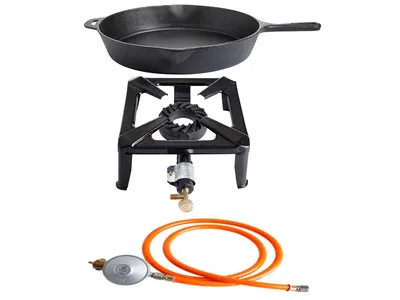 Produktbild von Hockerkocher-Set (klein) mit Gusseisenpfanne Ø 35 cm inkl. Gasschlauch & Regler