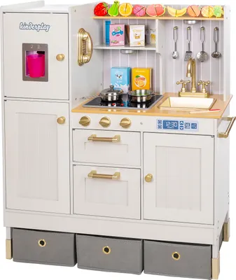 Produktbild von Kinderplay Große Kinderküche, Spielküche Holz für Kinder – Zwei Höhenstufen 89 cm und 103 cm, LED-Beleuchtung, Zubehör, Kinderküche mit Licht und Sound, GS0060