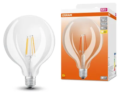 Obrázok produktu pre Žiarovky OSRAM LED, klasický guľový tvar, 40 W náhrada, E27, G125, 2700 Kelvinov, teplá biela, číre sklo, jedno balenie
