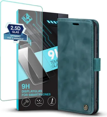 Produktbild von Handy Hülle für Samsung Galaxy Xcover7 mit 9H Displayglas Klapphülle Bookcase Flip Cover Handy Tasche Etui Farbe: Petrol