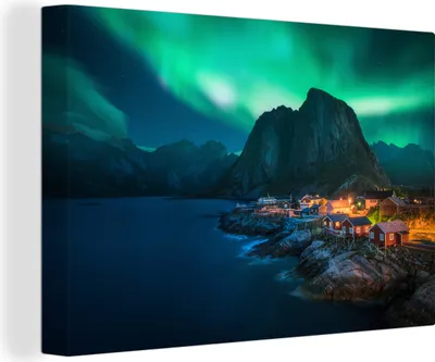 Produktbild von MuchoWow® - Leinwandbilder - Dorf bei Polarlicht, Wandbild, Wanddeko Bilder Wohnzimmer, 30x20 cm