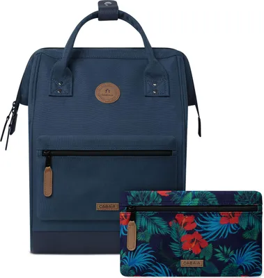 A navy blue backpack and a floral patterned pouch are displayed against a white background.