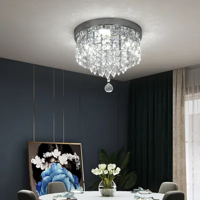 Produktbild von Fortuna Lai Moderne Kronleuchter LED Kristall Deckenleuchte Kristalltropfen Runde Pendelleuchte Halbeinbau Deckenlampe für Wohnzimmer Küche Schlafzimmer Badezimmer(Kaltweiß) [Energieklasse E]
