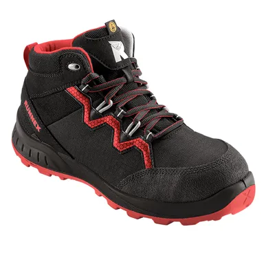 A black and red work boot is shown against a white background.