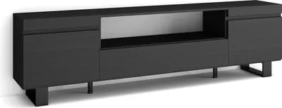 A black TV stand with open shelving and cabinet doors, shown against a white background.