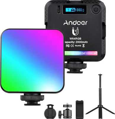 Produktbild von Andoer W64RGB Pocket RGB LED Video Light Kit Videokonferenzbeleuchtung CRI95+ 2500K-9000K Dimmbar 20 Lichteffekte Magnetische Rueckseite mit Tischstativ + Flexibler Kugelkopf + Handyhalter + Computerclip fuer Vlog Selfie Live Streaming