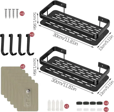 Produktbild von Stš¹ck Duschregal ohne Bohren, schwarzes Badezimmerregal, Platz aus Aluminium mit 4 Haken und 6 Klebstoffen, Badezimmeraufbewahrung ohne Bohren oder Bohren, Duschregal fš¹r Kš¹che und Bad