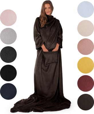 Blumtal weiche Decke mit Ärmeln - Kuscheldecke mit Ärmeln, ® e Ärmeldecke, Mikrofaser Fleecedecke mit Fußsack und 2 Fronttaschen, 170x200 cm, Dunkelbraun
