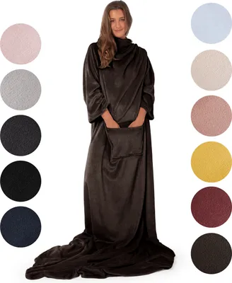 A woman modeling a dark brown blanket with sleeves and a front pocket, surrounded by circular swatches of various other blanket colors.