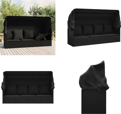 Produktbild von vidaXL Outdoor Loungebett mit Dach und Kissen Schwarz Poly Rattan - Outdoor Loungebett - Outdoor Loungebetten - Gartenmöbel - Terrassenmöbel