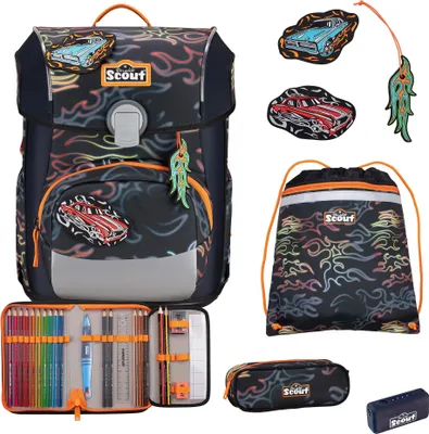 A collage of a school backpack set including a backpack, a drawstring bag, a pencil case, and a pencil case with contents.
