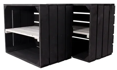 Produktbild von 2er Set neue schwarze Obstkiste mit Regalbrett in weiß 50cm x 40cm x 30cm „von Kontorei“ 2er 3er 4er 6er 8er 9er 12er Set standard Regalkisten Regalsystem Weinkisten Holzkiste Kiste Schuhregal Regal Holzregal