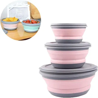 Produktbild von Tragbare Camping Faltbare Schüssel,Salatschüssel Mit Covers,Camping Reise Silikon Schüssel 3 PCS Faltbare Frischhalteboxen zum Wandern,Reisen,Rosa