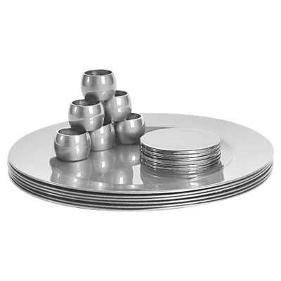 Produktbild von Argon Ta 18 Stück Metallic Ladegerät Teller Set - Fine Dining Luxe Tisch unter Teller Untersetzer Serviettenringe - Silber
