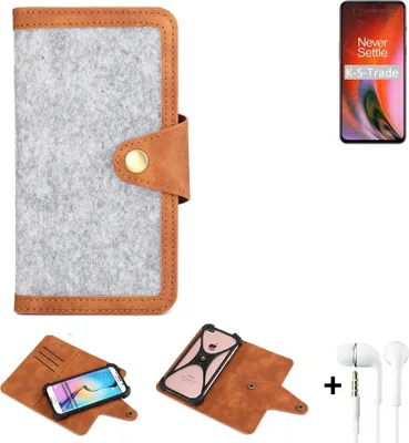 Produktbild von K-S-Trade Handyhülle + Kopfhörer kompatibel mit OnePlus Nord 2 5G Schutzhülle Filz Hülle Kunstleder hellgrau braun (1x)