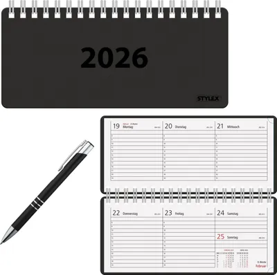 Produktbild von Spiral-Taschenkalender 2026 / ca. 8 x 18 cm / Farbe: schwarz + Kugelschreiber