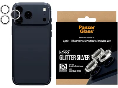 Produktbild von PanzerGlass ® Hoops® Kameraschutz Glitter Silber iPhone 17 Pro | iPhone 17 Pro Max | iPhone 16 Pro | 16 Pro Max, Apple, Apple - iPhone 17 Pro, Apple - iPhone 17 Pro Max, Apple - iPhone 16 Pro, Apple - iPhone 16 Pro Max, Trockene Anwendung, Kratzresistent, Schockresistent, Silber, 1 Stück(e)