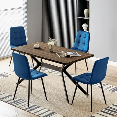 Obrázek produktu pro Jídelní stůl se 4 židlemi, obdélníkový dřevěný stůl o rozměrech 140 x 80 cm, 4 sametové židle v tmavě modré barvě, černé kovové nohy