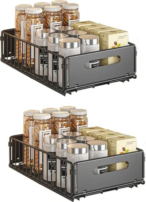 Produktbild von 2er Set Ausziehkörbe - Küchenschrank Organizer - Spülbecken Unterschrank Aufbewahrung - Metallkorb Regal - für Küche und Bad - schwarz